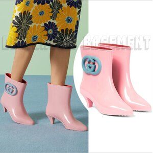 GUCCI 37 pink GENE blue Interlocking G logo rubber ankle RAINBOOT Booties 724458